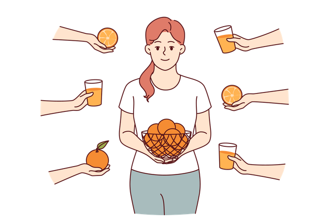 Woman eats oranges and drinks freshly squeezed citrus fruit juice to get health-improving vitamin C  Illustration