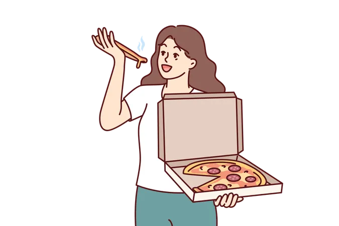 Woman eats pizza and holds box of appetizers  Illustration