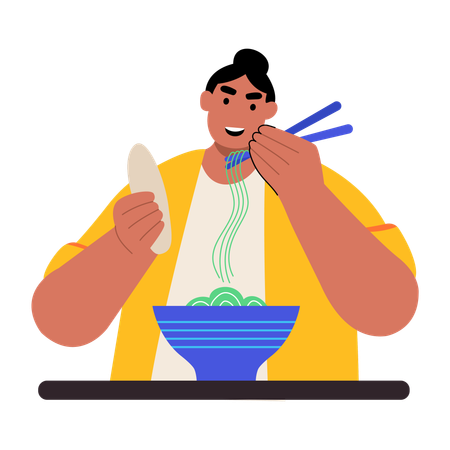 Woman eats ramen noodles  Illustration