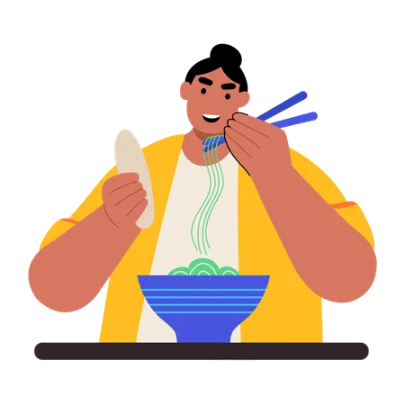 Woman eats ramen noodles  Illustration