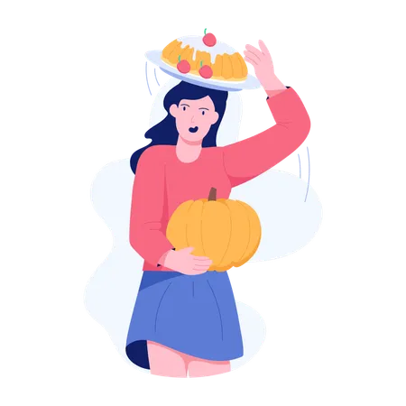 Woman eats Thanksgiving Pie  Illustration