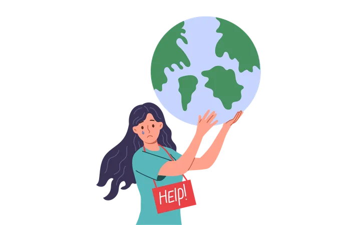 Woman Eco Activist Asks To Save Planet Earth And Stop Environmental Pollution That Causes Carbon Footprint Girl Eco Volunteer Holds Large Globe And Looks At Screen With Tears In Eyes Illustration
