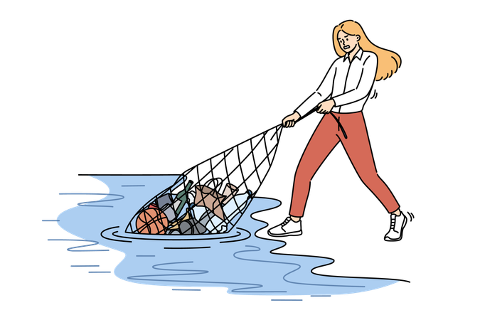 Woman eco activist pulls trash out of ocean as tries to tackle problem of environmental pollution  イラスト