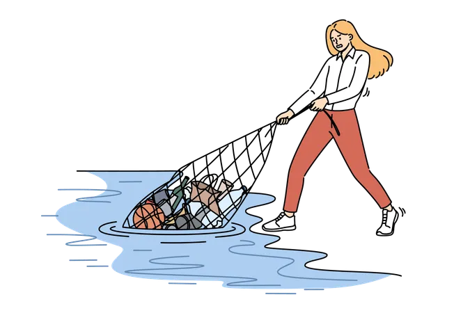 Woman eco activist pulls trash out of ocean as tries to tackle problem of environmental pollution  イラスト