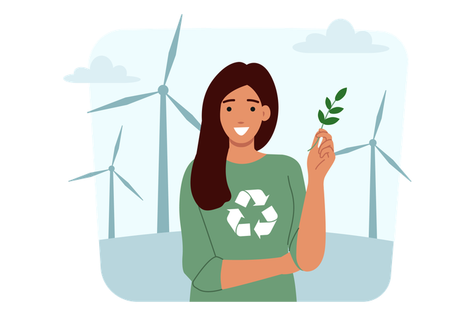 Woman eco activist stands near wind turbines for generate green energy  Illustration