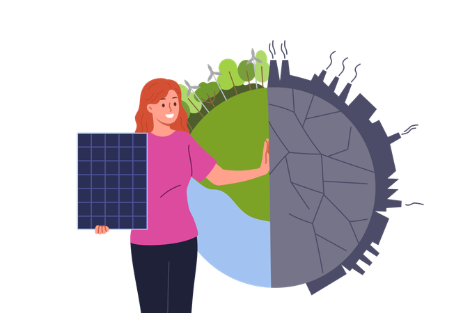 Woman ECO activist with solar panels near planet and calling for development of alternative energy  Illustration