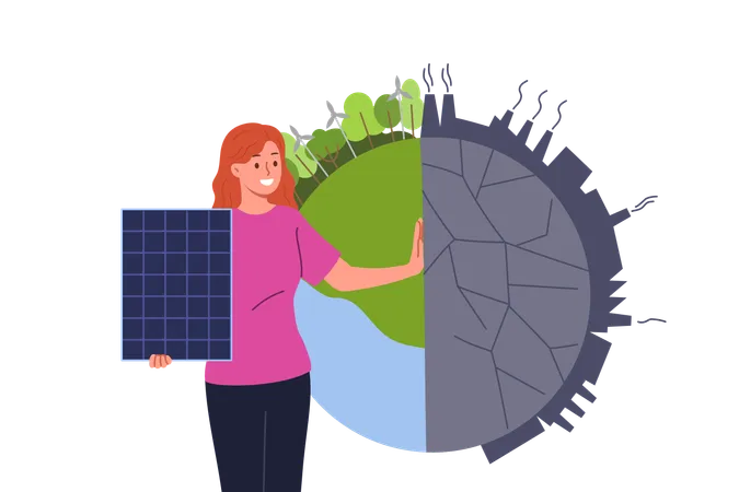 Woman ECO activist with solar panels near planet and calling for development of alternative energy  Illustration