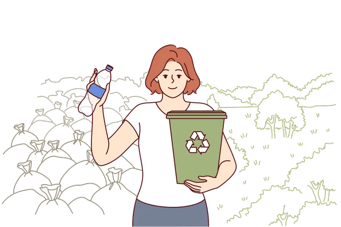 Woman ecologist calls for separate collection garbage and recycling of plastic bottles holds bucket  Illustration