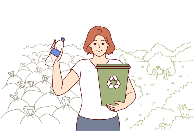 Woman ecologist calls for separate collection garbage and recycling of plastic bottles holds bucket  Illustration