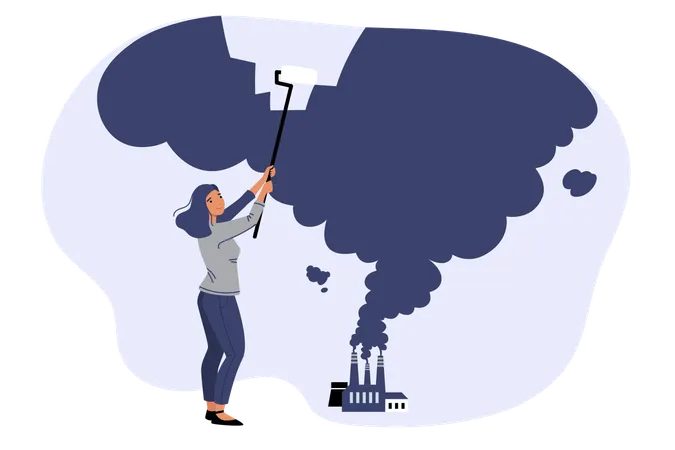 Woman ecologist fights harmful emissions from industrial factory using roller to remove smoke  Illustration