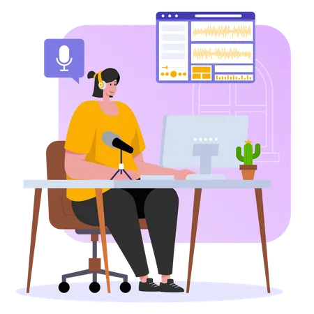 Woman editing podcast at studio Illustration