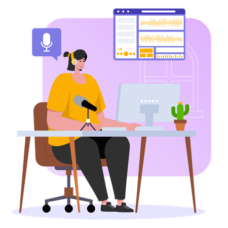 Woman editing podcast at studio  Illustration