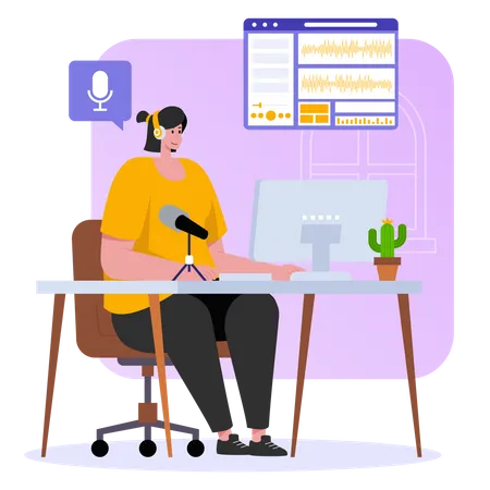 Woman editing podcast at studio  Illustration