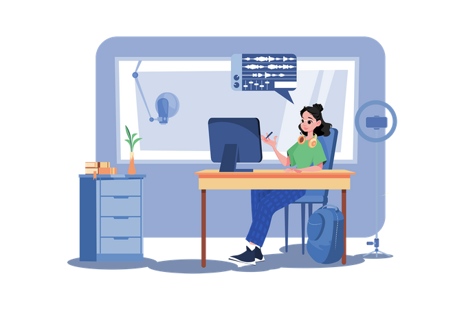 Woman Editing Podcast At The Studio  Illustration