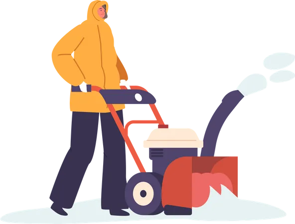Focused Woman Efficiently Clears Snow From A Wintry Street Using A Powerful Snow Blower Creating A Picturesque Scene Of Winter Maintenance Female Character Remove Snow Cartoon Vector Illustration Illustration