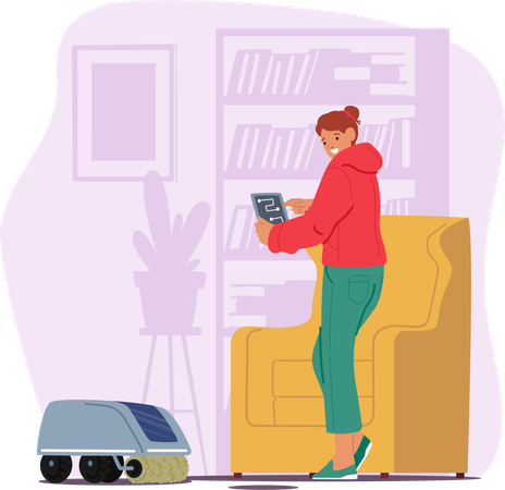 Woman Effortlessly Directs Robot Cleaner Across Floor  イラスト