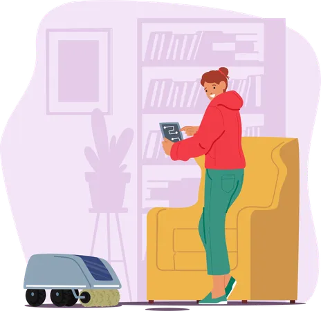 Woman Effortlessly Directs Robot Cleaner Across The Floor Embracing The Convenience Of Technology For A Spotless Home With Minimal Effort And Maximum Efficiency Cartoon People Vector Illustration イラスト