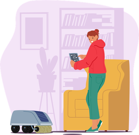 Woman Effortlessly Directs Robot Cleaner Across Floor  Illustration