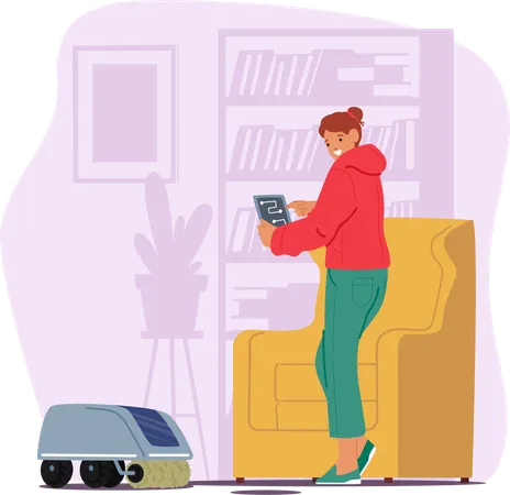 Woman Effortlessly Directs Robot Cleaner Across Floor  Illustration