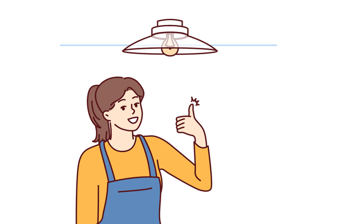 Woman electrician showing thumbs up after fixing chandelier  イラスト