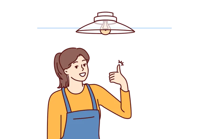 Woman Electrician Showing Thumbs Up After Fixing Chandelier Or Replacing Light Bulb Under Ceiling Girl In Overalls Works As Electrician Efficiently Performing Tasks Of Setting Up Electricity Illustration