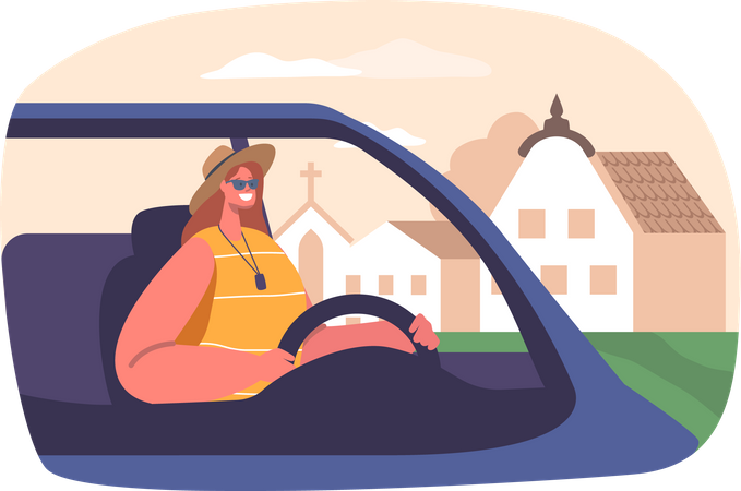 Woman Embarks On A Road Trip  Illustration