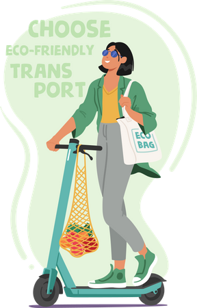 Woman Embraces Sustainability With Eco Bag And Eco Transport  Illustration