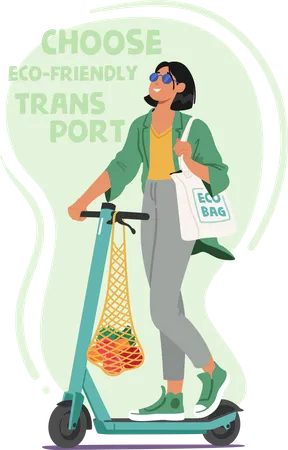 Woman Embraces Sustainability With Eco Bag And Eco Transport Young Stylish Female Character Promoting Green Living And Reducing Environmental Impact Cartoon People Vector Illustration Poster Illustration