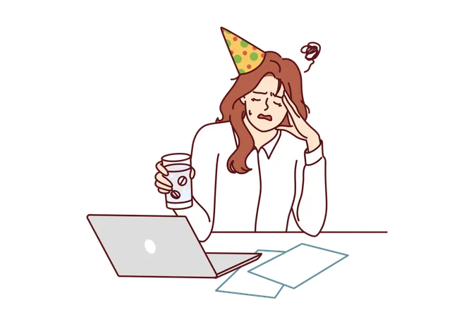 Woman Office Worker Suffers From Hangover After Party And Drinks Pills To Relieve Headache Girl In Birthday Hat And Business Clothes Sits At Table With Laptop Experiencing Hangover In Workplace Illustration
