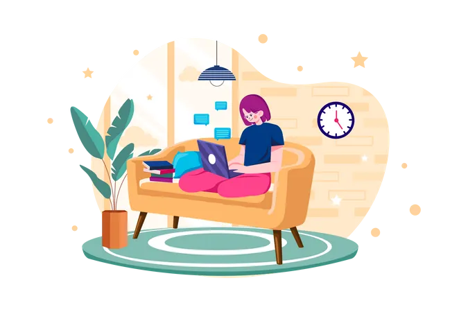 Woman Employee working from home while seating on the couch Illustration
