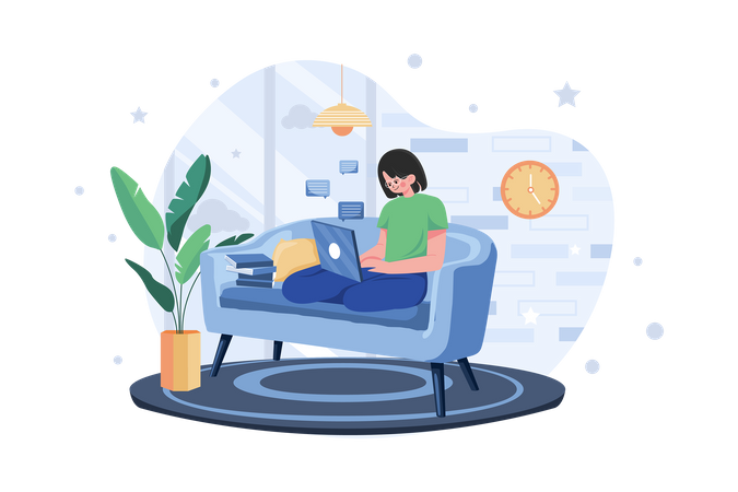 Woman Employee Working From Home While Seating On The Couch  Illustration