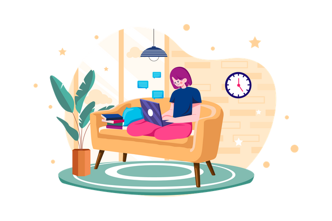 Woman Employee working from home while seating on the couch  Illustration