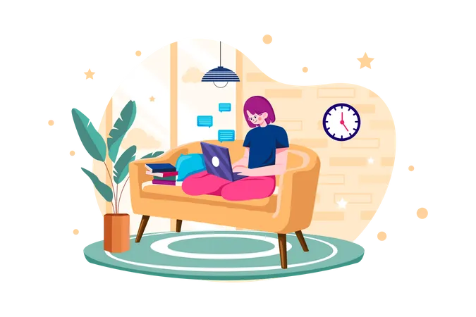 Woman Employee working from home while seating on the couch  Illustration