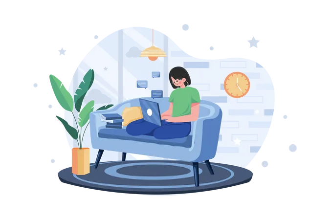 Woman Employee Working From Home While Seating On The Couch  Illustration