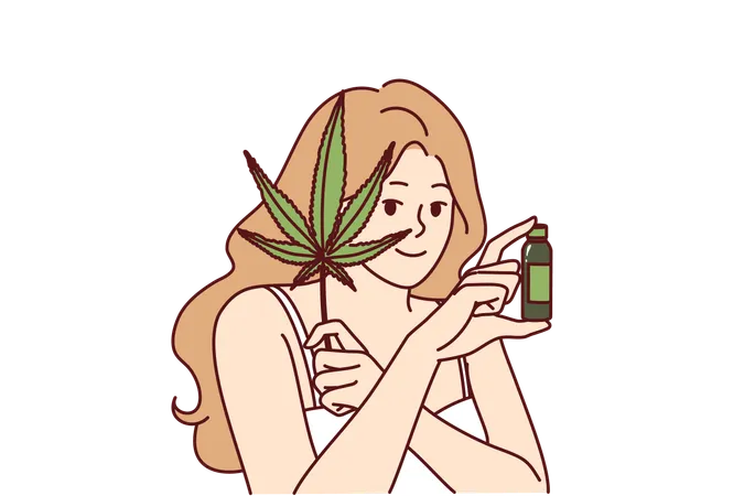 Woman Uses Hemp Oil For Skin Care And Fighting Acne Or Wrinkles On Face And Holds Marijuana Leaf In Hand Girl Recommends Hemp Cosmetic Product For Anti Aging Concept Of Weed For Medical Purposes Illustration