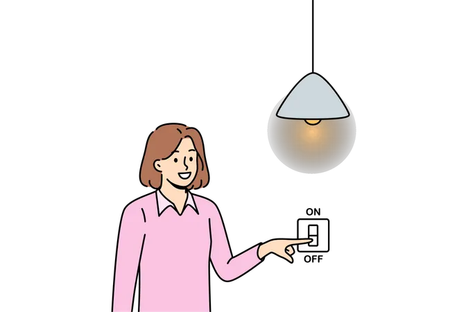 Woman engaged in energy saving and turns off lights in apartment to damage to nature  Illustration