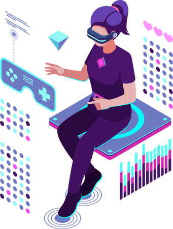 Woman Engaged in Metaverse Gaming with Futuristic Interfaces  Illustration