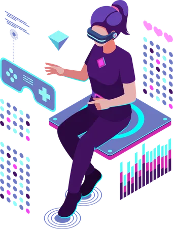Woman Engaged in Metaverse Gaming with Futuristic Interfaces  Illustration