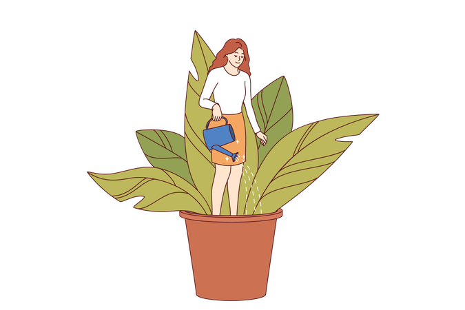 Woman engaged in self-development and personality improvement standing in flower pot field soil  Illustration