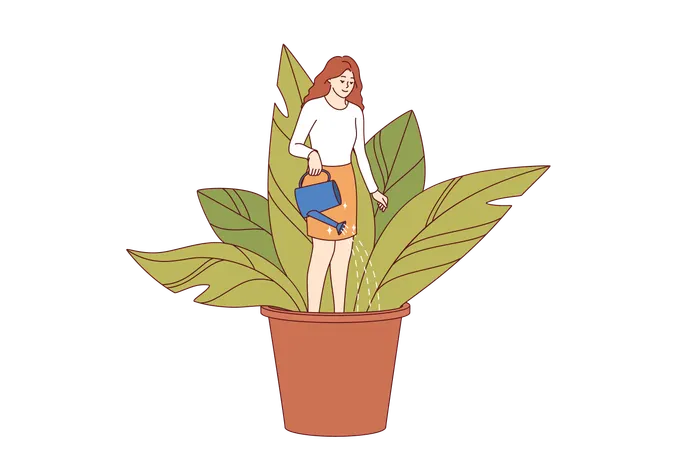 Woman engaged in self-development and personality improvement standing in flower pot field soil  Illustration