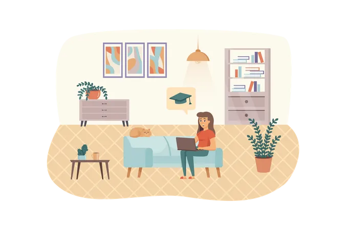 Woman engaged online education sitting on couch with laptop and cat in living room Illustration