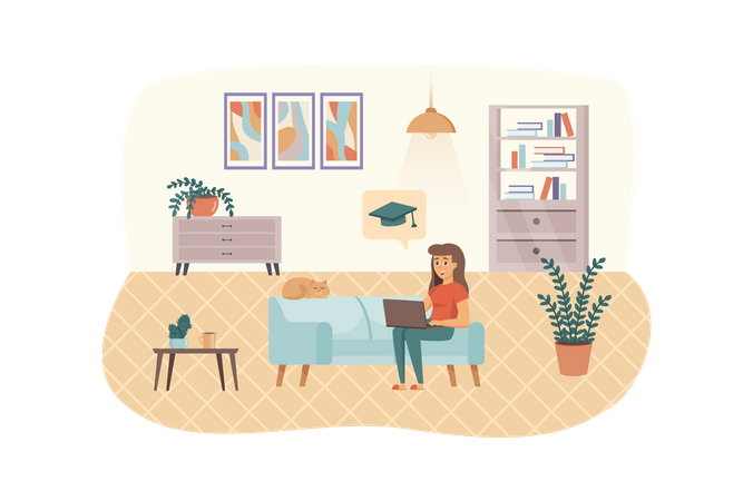 Woman engaged online education sitting on couch with laptop and cat in living room  Illustration