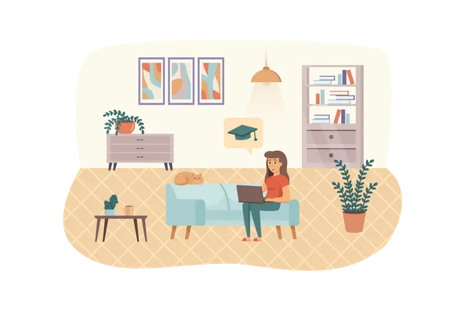 Woman engaged online education sitting on couch with laptop and cat in living room  Illustration