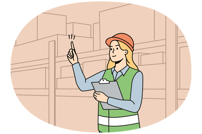 Woman engineer in uniform working at warehouse  Illustration