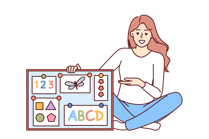 Woman english teacher in elementary school with magnetic board with multi-colored alphabet  일러스트레이션