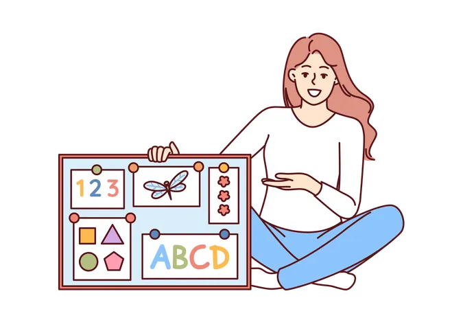 Woman English Teacher In Elementary School With Magnetic Board With Alphabet And Geometric Shapes Girl Is Sitting On Floor Explaining Rules Of English Language To Young Children In Accessible Way Illustration