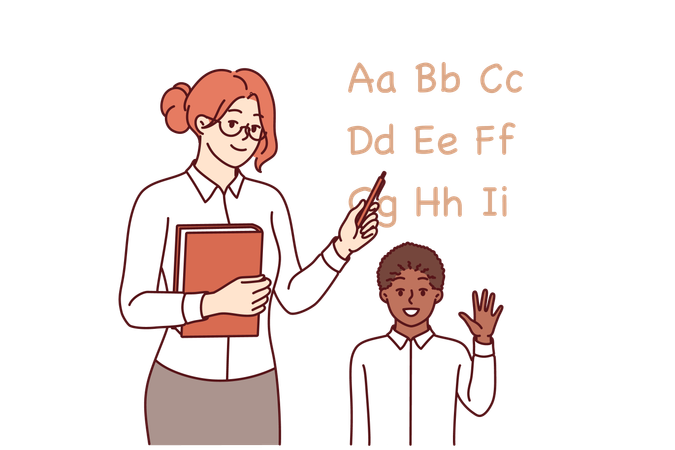 Woman english teacher teaches little boy to read by pointing to letters of alphabet  Illustration