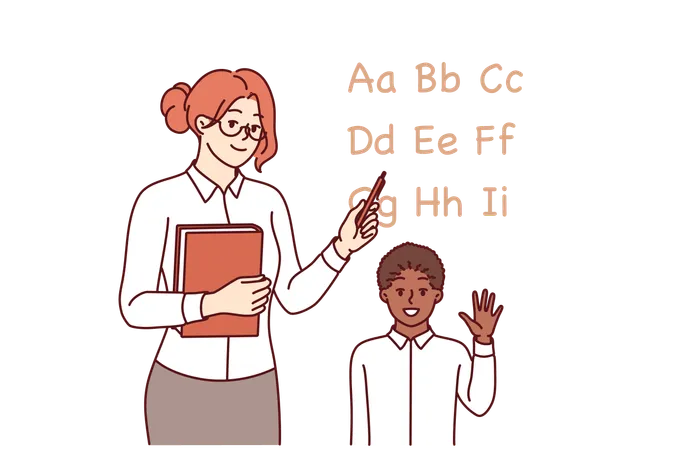 Woman english teacher teaches little boy to read by pointing to letters of alphabet  Illustration