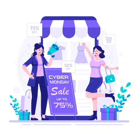 Woman Enjoy Discounted Price On Cyber Monday Illustration
