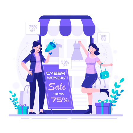 Woman enjoy discounted price on cyber monday  Illustration